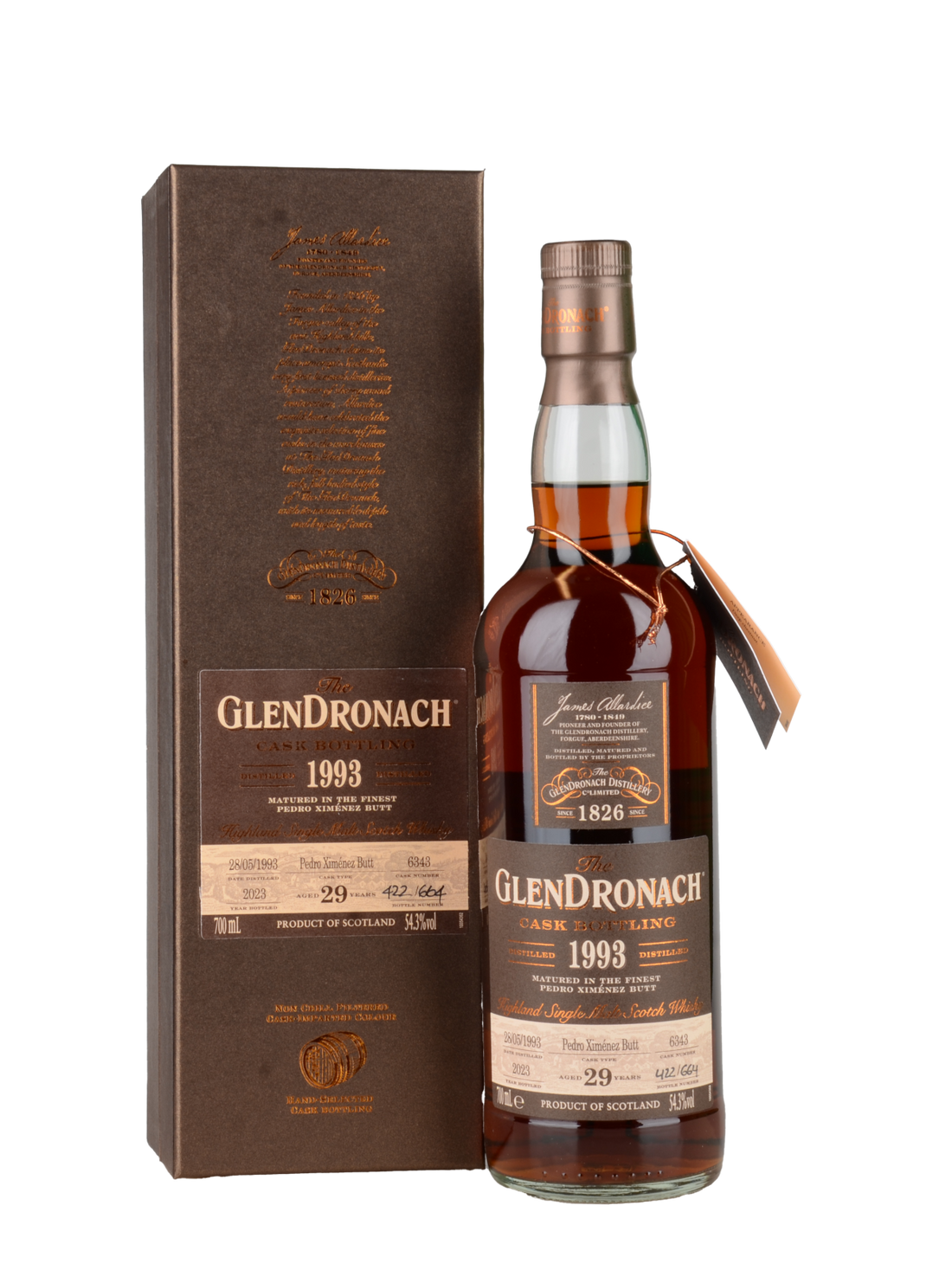 GlenDronach 1993 Single Cask #6343 PX Butt 29 yo Single Malt Scotch Whisky - flaske med gaveæske