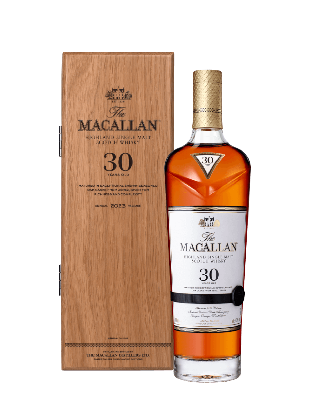 The Macallan Sherry Oak 30 Years Old Single Malt Whisky 2023 Release - flaske med gaveæske