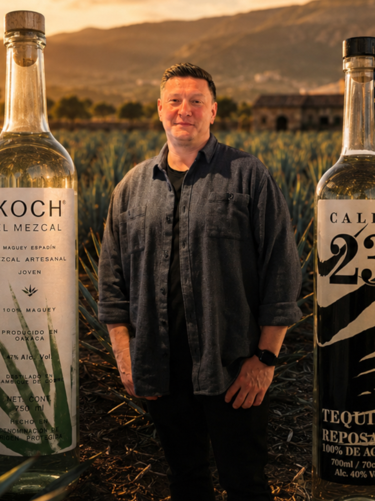 Man mellan flaskor med tequila och mezcal i ett landskap