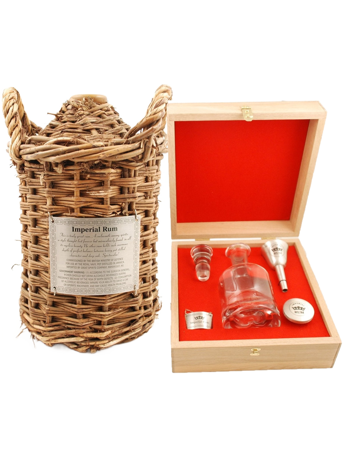 British Royal Navy Rum - large bottle in a wicker basket and gift box with glasses