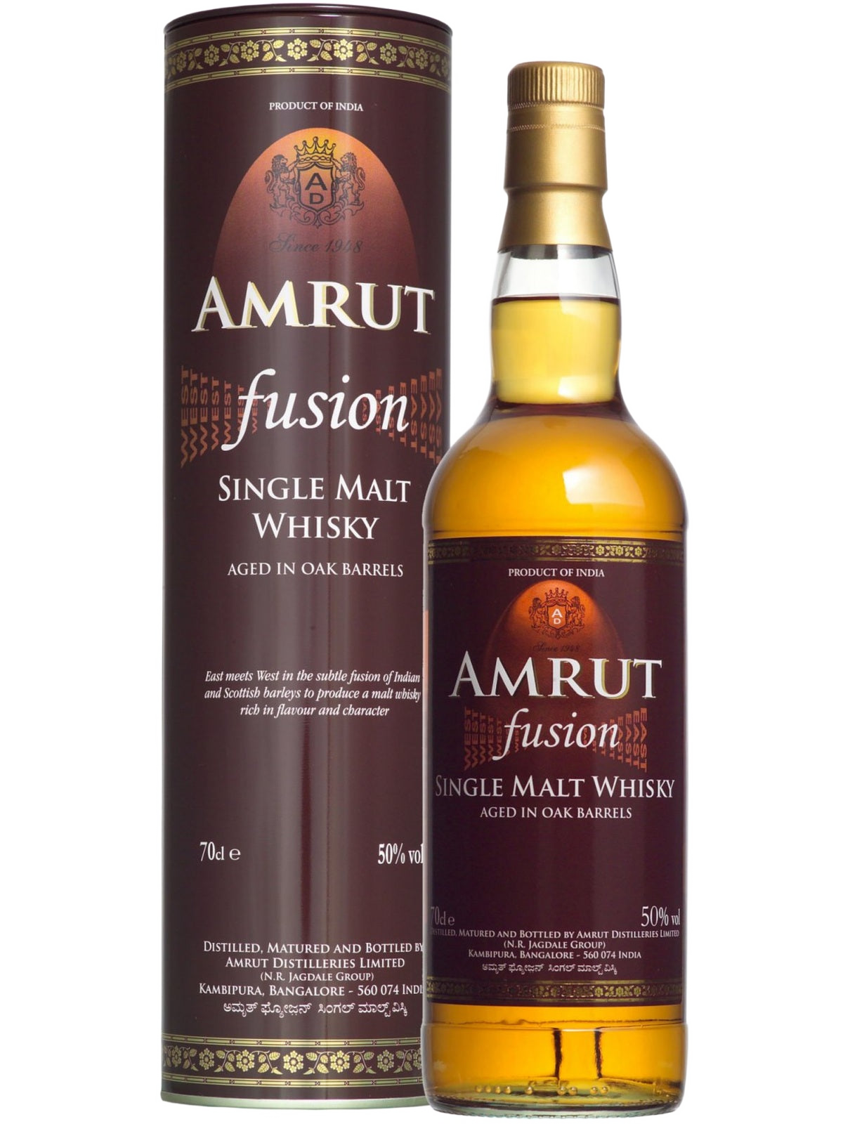 Amrut Fusion Single Malt Whisky - flaske med gaveæske