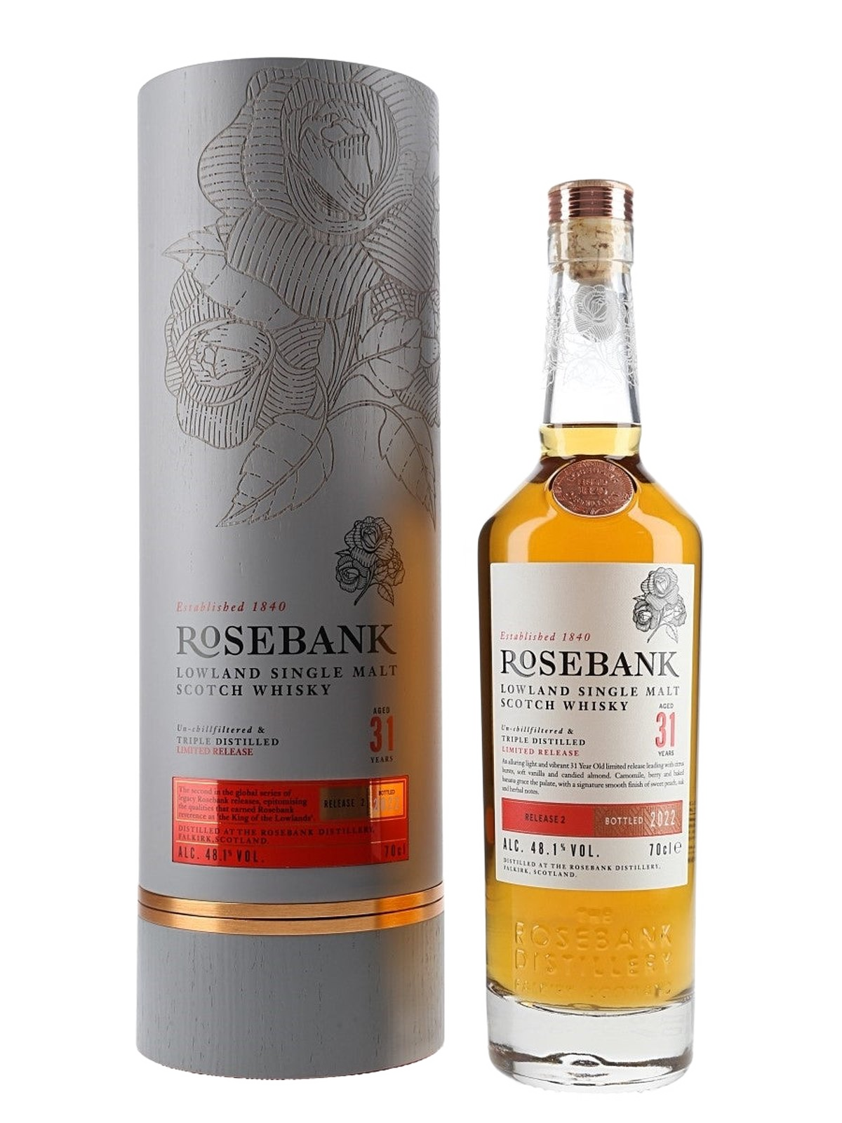 Rosebank 31-årig Single Malt Whisky 2022 Release - flaska med presentask