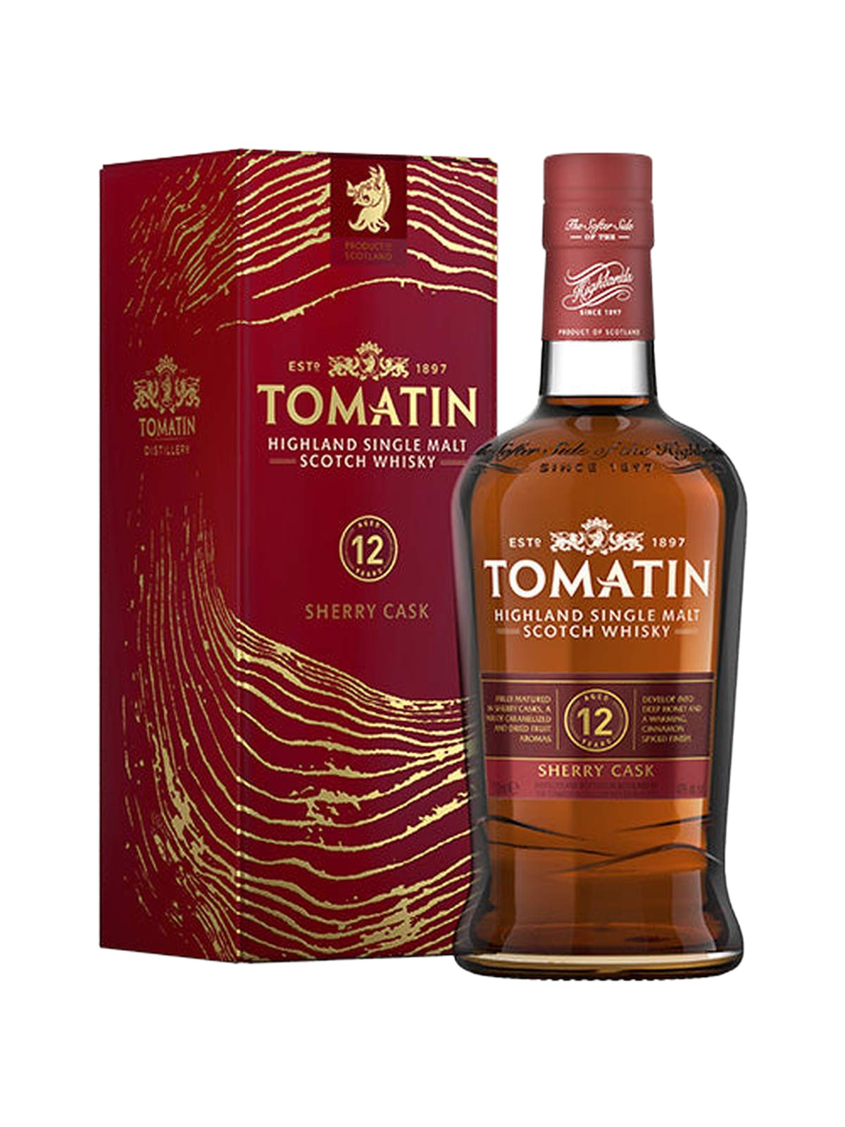 Tomatin 12 års Sherry Cask Single Malt Whisky - flaske med gaveæske
