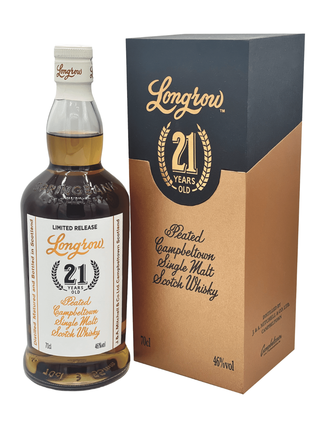 Longrow 21 års Single Malt Whisky 2023 Release - flaske med gaveæske