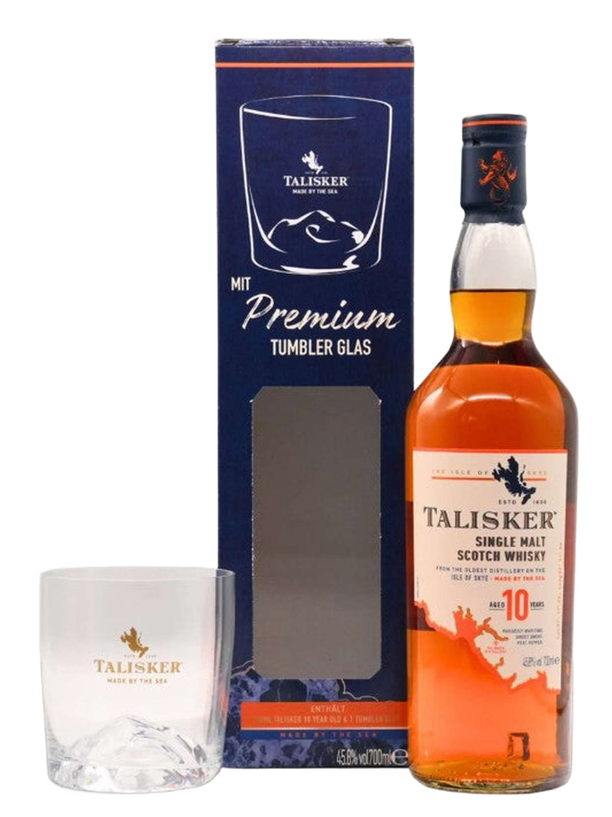 Talisker 10 år - flaske med tumblerglas og gaveæske
